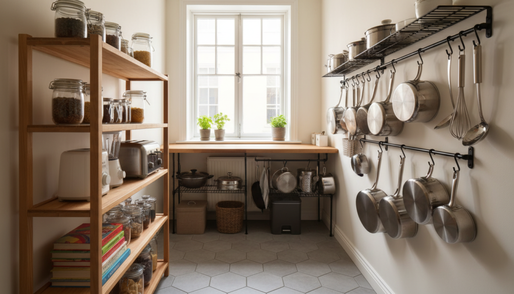 A beautifully organized small kitchen showcasing innovative vertical storage solutions. In the foreground, a sleek wooden shelving unit displays various small kitchen appliances like a compact blender and a toaster, neatly arranged among stylish jars and cookbooks. The middle ground features wall-mounted racks holding utensils and pots, maximizing space while remaining visually appealing. In the background, a bright window allows natural light to flood the room, casting soft shadows that enhance the cozy atmosphere. The scene is captured from a slight overhead angle to emphasize the efficient use of vertical space. The overall mood is inviting and practical, perfect for inspiring small-space living enthusiasts. Soft, warm lighting enhances the colors and textures of the storage solutions. A beautifully organized small kitchen showcasing innovative vertical storage solutions. In the foreground, a sleek wooden shelving unit displays various small kitchen appliances like a compact blender and a toaster, neatly arranged among stylish jars and cookbooks. The middle ground features wall-mounted racks holding utensils and pots, maximizing space while remaining visually appealing. In the background, a bright window allows natural light to flood the room, casting soft shadows that enhance the cozy atmosphere. The scene is captured from a slight overhead angle to emphasize the efficient use of vertical space. The overall mood is inviting and practical, perfect for inspiring small-space living enthusiasts. Soft, warm lighting enhances the colors and textures of the storage solutions.