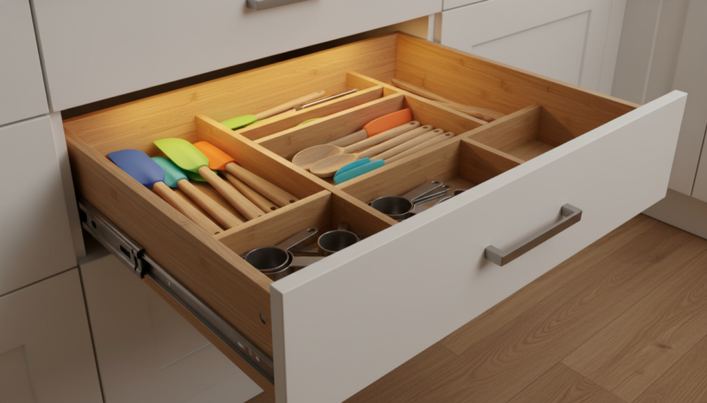 A beautifully organized toe kick drawer, showcasing a variety of neatly arranged kitchen tools and utensils. In the foreground, colorful silicone spatulas, wooden spoons, and measuring cups are prominently displayed, each in its dedicated compartment. The middle section features a sleek drawer with a soft-close mechanism, crafted from polished wood for a modern look. In the background, the warm, ambient kitchen lighting highlights the glossy finish of the cabinetry, creating a welcoming atmosphere. A slight angle reveals the space's depth, with soft shadows enhancing the details. The overall mood is one of efficiency and elegance, emphasizing the practicality of maximizing toe kick storage in a well-designed kitchen.