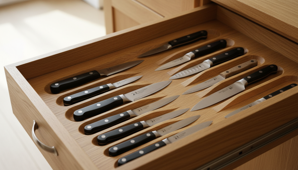A clean and organized knife tray organizer displayed in a wooden kitchen drawer. The foreground features a variety of kitchen knives resting neatly in designated slots, highlighting different blade sizes and styles. The middle ground showcases the smooth wooden texture of the tray with subtle grain patterns, emphasizing craftsmanship. In the background, soft natural light filters in, creating a warm and inviting atmosphere, suggesting a cozy kitchen environment. A slight top-down angle captures the layout of the knife organizer, allowing for detailed visibility of the knife arrangements. The overall mood is both functional and aesthetically pleasing, appealing to renters looking for practical kitchen solutions.