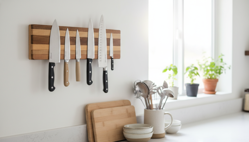 A close-up view of a DIY knife strip mounted on a clean, modern kitchen wall. In the foreground, a sleek, colorful wooden knife strip made from reclaimed materials holds various kitchen knives of different styles, including a chef’s knife, paring knife, and bread knife. In the middle ground, an organized selection of kitchen utensils such as cutting boards and a ceramic mug sit on a neatly arranged countertop, showcasing a minimalist aesthetic. In the background, soft, natural light filters through a window, creating a warm and inviting atmosphere, with hints of fresh herbs planted on the windowsill. The image has a slightly blurred background, emphasizing the DIY knife strip as the focal point. The overall mood is practical yet stylish, suitable for renters seeking budget-friendly kitchen solutions.