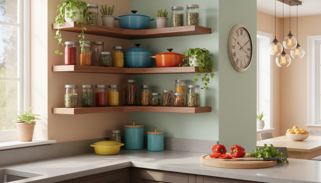 A cozy kitchen corner featuring elegant, wooden corner shelves overflowing with various spices, colorful cookware, and decorative plants. In the foreground, a sleek countertop showcases a small cutting board and a sharp knife, suggesting a vibrant cooking environment. The middle ground highlights the corner shelves, crafted from warm-toned wood with open spaces for easy access, illuminated by soft, natural light streaming in from a nearby window. In the background, a charming kitchen ambiance is created with soft pastel walls, a vintage clock, and warm hanging lights that enhance the inviting atmosphere. The composition captures a functional, stylish kitchen corner, evoking creativity and maximizing space, with an overall mood of warmth and organization.