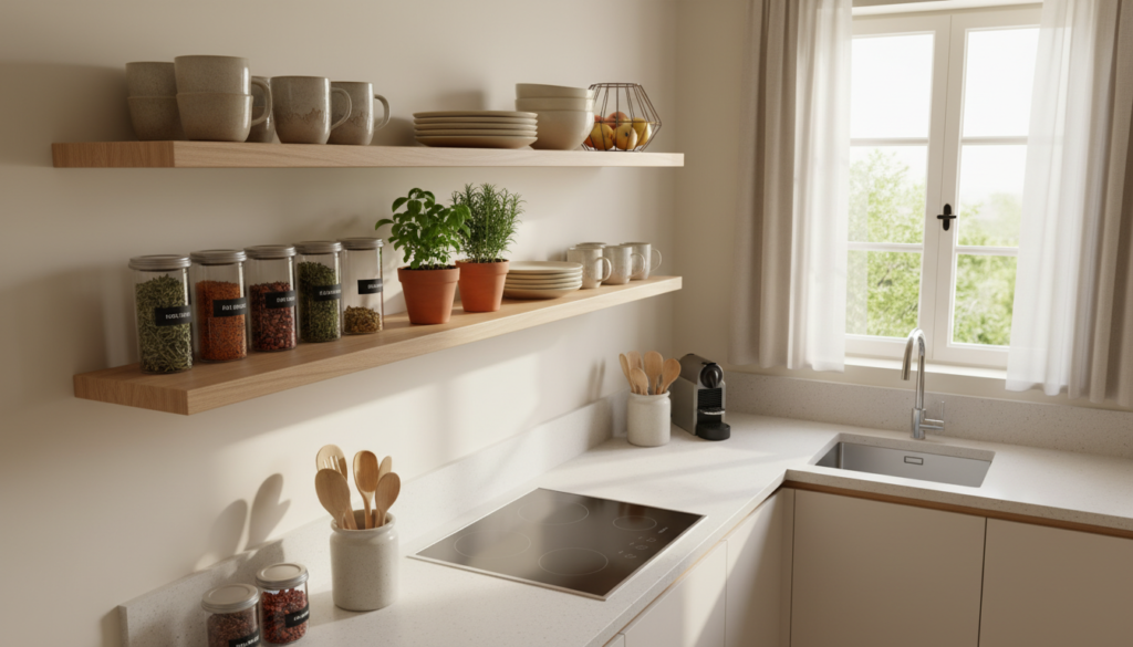 A cozy, small kitchen featuring sleek, modern floating shelves against a light-colored wall. The foreground showcases neatly arranged kitchen items on the shelves, such as jars with spices, a few potted herbs, and stylish dishes, exuding a sense of organized elegance. In the middle ground, a compact kitchenette is visible, with minimalist cabinetry and a small countertop filled with neatly arranged utensils. The background includes a charming window with soft, natural light streaming in, casting gentle shadows. The atmosphere feels inviting and functional, with warm tones and a touch of greenery from the herbs. Capture the image from a slightly angled perspective, emphasizing height and the strategic use of vertical space. Use soft, diffused lighting to enhance the cozy ambiance.