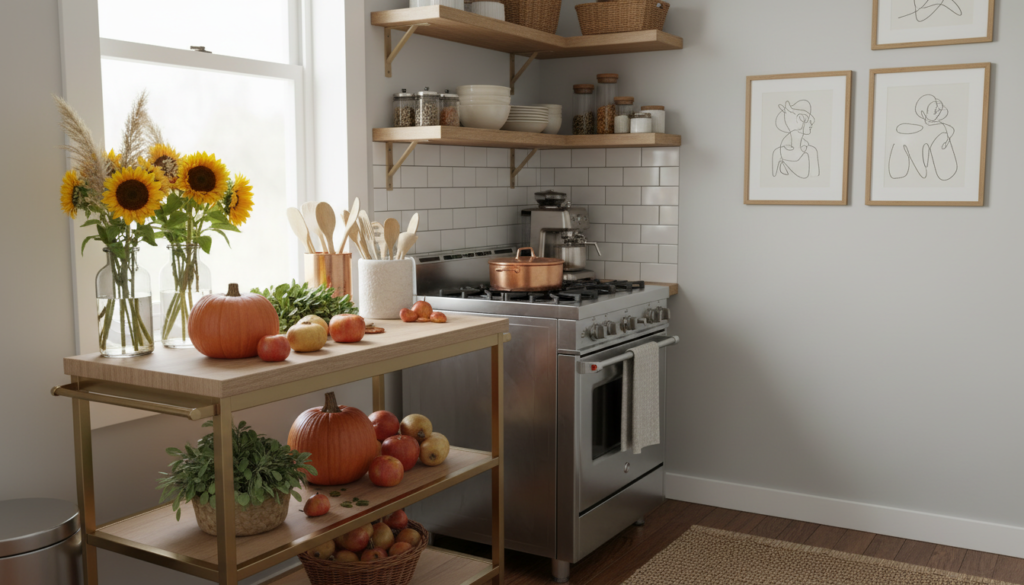A meticulously arranged small kitchen featuring a stylish kitchen cart, surrounded by seasonal decor elements that reflect the current time of year. In the foreground, the kitchen cart displays an assortment of fresh produce, elegant utensils, and decorative vases with flowers. The middle ground features a cozy, well-lit cooking area, with modern appliances and open shelves showcasing curated kitchenware. In the background, light-colored walls adorned with simple artwork create an inviting atmosphere. Soft, diffused natural light filters through a nearby window, casting a warm glow across the room. The overall mood is cheerful and trendy, embodying practical yet chic seasonal styling tips for a studio apartment kitchen. The scene is captured from a slightly elevated angle to provide a comprehensive view of the kitchen.