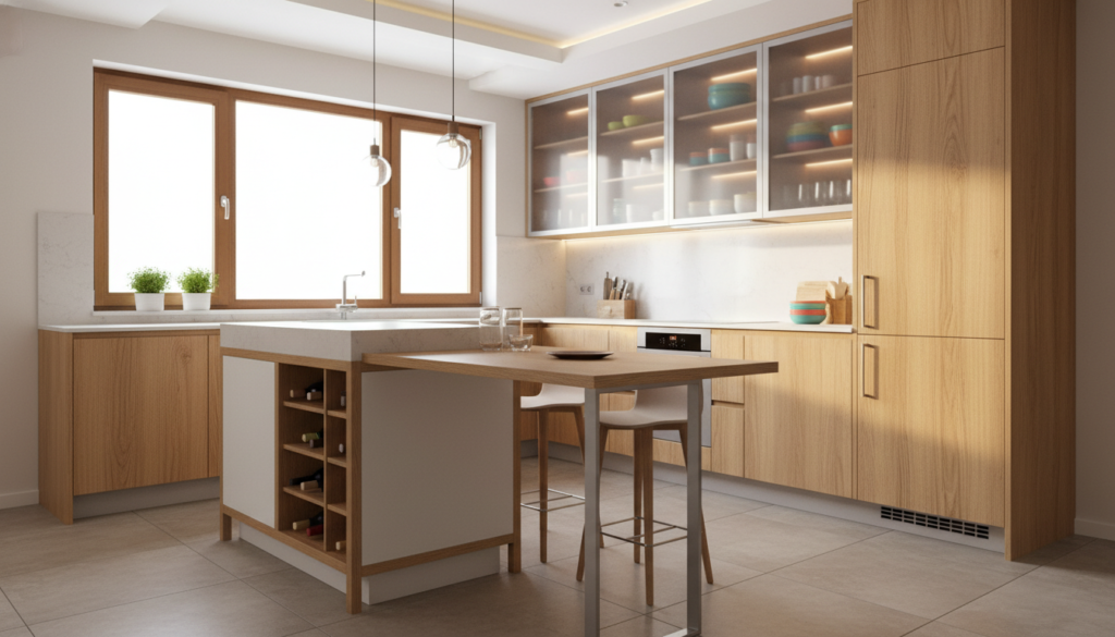 A modern modular kitchen featuring innovative furniture solutions designed for narrow spaces. In the foreground, a sleek, multifunctional kitchen island with integrated storage and seating for two, made from light wood and white finishes. The middle ground includes elegant cabinetry with glass fronts, showcasing colorful dishware, and a compact refrigerator seamlessly integrated into the design. The background highlights a bright window allowing natural light to flood the space, enhancing the warmth of the wood textures. Soft, ambient lighting creates a welcoming atmosphere, while a wide-angle lens captures the entire layout for an expansive feel. The scene embodies functionality and style, perfect for maximizing space in a modern kitchen.
