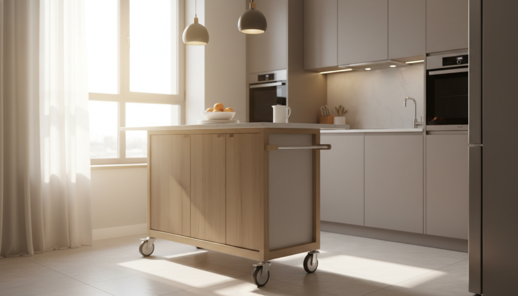 A modern, slim kitchen island rolling on wheels, designed to maximize space in a cozy kitchen setting. The island features a sleek white countertop with minimalist design elements, complemented by light wooden cabinetry underneath. In the foreground, the island is positioned slightly off-center, showcasing its mobility. Bright natural light spills in from a nearby window, creating a warm and inviting atmosphere. In the background, a stylish open kitchen layout features cabinetry and appliances in neutral tones, enhancing the contemporary vibe. The angle captures both the functionality of the rolling island and the breadth of the kitchen space, inviting viewers to imagine its versatility. The overall mood is one of efficiency and modernity, ideal for small living spaces.
