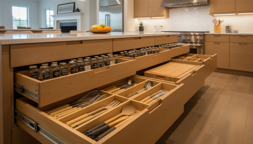 A modern, well-organized kitchen showcasing sliding drawer organizers inside deep cabinets. In the foreground, intricate pull-out drawer systems are visible, displaying neatly arranged kitchen essentials, such as spices, utensils, and cutting boards. The middle section features a smooth, polished wood finish of the drawer fronts, emphasizing the sleek design and advanced functionality. The background includes a softly lit kitchen environment, with warm ambient lighting that creates a cozy atmosphere. A camera angle from slightly above captures the expansive, organized storage space, highlighting the convenience of accessing items. The focus is sharp, emphasizing the craftsmanship of the organizers, with a touch of warmth for a welcoming vibe. A modern, well-organized kitchen showcasing sliding drawer organizers inside deep cabinets. In the foreground, intricate pull-out drawer systems are visible, displaying neatly arranged kitchen essentials, such as spices, utensils, and cutting boards. The middle section features a smooth, polished wood finish of the drawer fronts, emphasizing the sleek design and advanced functionality. The background includes a softly lit kitchen environment, with warm ambient lighting that creates a cozy atmosphere. A camera angle from slightly above captures the expansive, organized storage space, highlighting the convenience of accessing items. The focus is sharp, emphasizing the craftsmanship of the organizers, with a touch of warmth for a welcoming vibe.