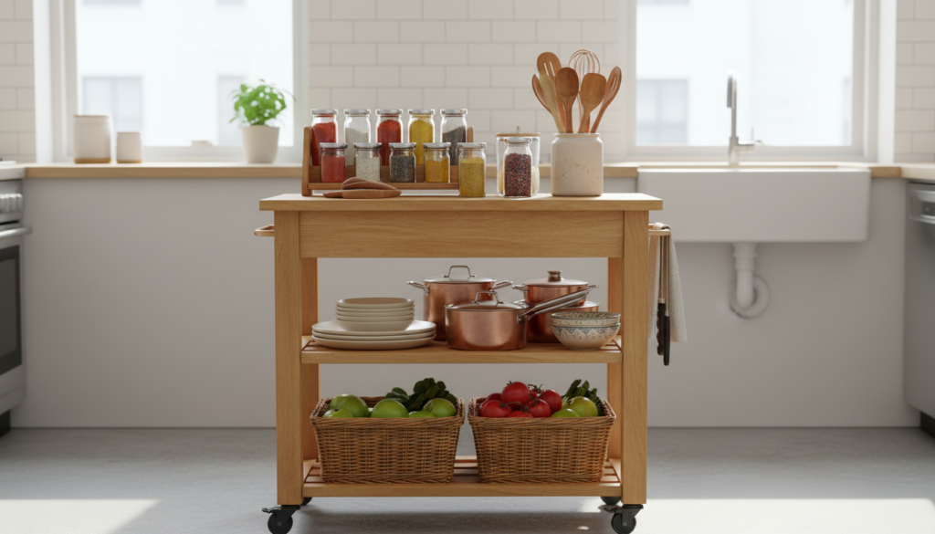 A stylish and compact kitchen cart, elegantly designed with multiple layers of storage solutions, sits at the center of a cozy studio apartment kitchen. In the foreground, delicate glass jars filled with colorful spices and handcrafted wooden utensils are thoughtfully arranged on the top shelf. The middle section features a selection of neatly stacked cookware and decorative dishes, while the bottom includes baskets with fresh produce and essential cooking tools. The background showcases a bright, airy kitchen with soft natural light streaming in through a window, highlighting the cart’s warm wood tones. A potted herb plant adds a touch of greenery enhancing the inviting atmosphere. The scene is captured at eye level with a slight depth of field, creating a cozy ambiance perfect for a functional kitchen space.
