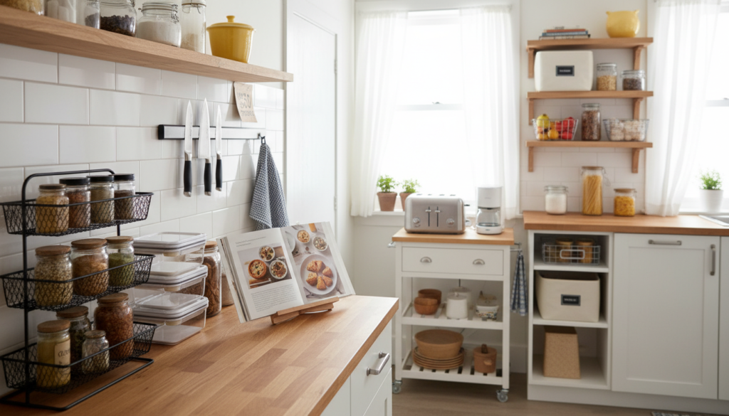 A stylish, compact kitchen showcasing innovative storage solutions under $50, featuring practical shelves, smart organizers, and efficient use of space. In the foreground, a neatly arranged countertop with a tiered spice rack, stackable containers, and a wall-mounted knife strip. The middle layer reveals compact appliances like a slim toaster and a small coffee maker on a compact cart, while a cookbook stand holds a recipe book open. The background shows a light-filled kitchen with white cabinetry and bright, cheerful decor, accentuated by natural light pouring through a window. The overall mood is warm and inviting, emphasizing simplicity and organization, captured with a soft focus and wide-angle lens to give a sense of spaciousness. A stylish, compact kitchen showcasing innovative storage solutions under $50, featuring practical shelves, smart organizers, and efficient use of space. In the foreground, a neatly arranged countertop with a tiered spice rack, stackable containers, and a wall-mounted knife strip. The middle layer reveals compact appliances like a slim toaster and a small coffee maker on a compact cart, while a cookbook stand holds a recipe book open. The background shows a light-filled kitchen with white cabinetry and bright, cheerful decor, accentuated by natural light pouring through a window. The overall mood is warm and inviting, emphasizing simplicity and organization, captured with a soft focus and wide-angle lens to give a sense of spaciousness.