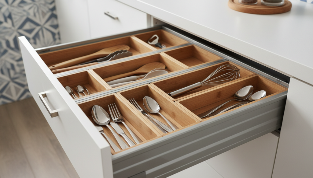 A well-organized kitchen drawer featuring sleek, adjustable drawer dividers made of natural wood and metal. In the foreground, showcase the dividers neatly separating utensils, tools, and cutlery, highlighting their versatility and stylish design. The middle ground reveals the pull-out drawer seamlessly integrated into a modern cabinet, with soft, diffused lighting illuminating the scene to create a warm and inviting atmosphere. In the background, hints of the kitchen's decor, including elegant cabinetry and tasteful backsplash tiles, add depth. A close-up angle captures the functionality and aesthetic appeal, emphasizing the ease of organization. The overall mood conveys sophistication and practicality, perfect for a streamlined storage solution. A well-organized kitchen drawer featuring sleek, adjustable drawer dividers made of natural wood and metal. In the foreground, showcase the dividers neatly separating utensils, tools, and cutlery, highlighting their versatility and stylish design. The middle ground reveals the pull-out drawer seamlessly integrated into a modern cabinet, with soft, diffused lighting illuminating the scene to create a warm and inviting atmosphere. In the background, hints of the kitchen's decor, including elegant cabinetry and tasteful backsplash tiles, add depth. A close-up angle captures the functionality and aesthetic appeal, emphasizing the ease of organization. The overall mood conveys sophistication and practicality, perfect for a streamlined storage solution.