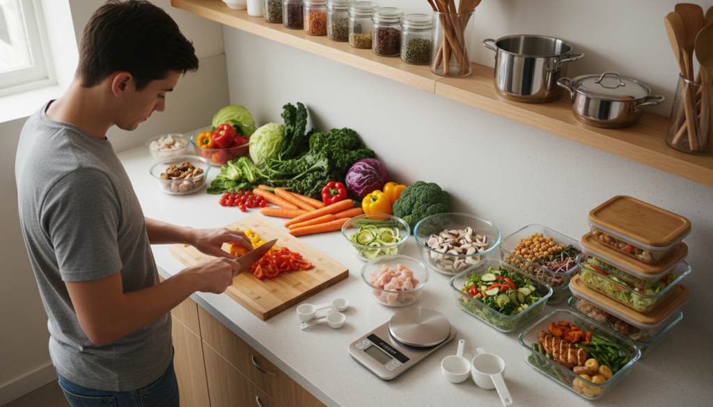 A well-organized meal prep station in a small kitchen, featuring a clean, modern countertop filled with fresh vegetables, neatly chopped ingredients, and meal containers. In the foreground, a professional in modest casual clothing is realistically engaged in food preparation, using a cutting board and knife. In the middle ground, vibrant colored ingredients like bell peppers, carrots, and leafy greens are arranged alongside a digital scale and measuring cups, showcasing a systematic approach to meal prep. The background displays minimalist kitchen shelves stocked with spices and cooking tools. Soft, natural lighting streams in through a window, creating a bright and inviting atmosphere that reflects efficiency and productivity in meal prep routines. The angle is slightly overhead, emphasizing the organized layout and the sense of a well-planned cooking environment.