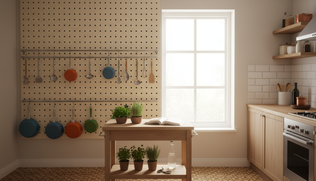 A well-organized small kitchen featuring a stylish pegboard wall setup, showcasing various kitchen tools and utensils neatly arranged. In the foreground, focus on colorful pots, pans, and cooking gadgets hanging from the pegboard. In the middle, a compact wooden kitchen island adds a sense of depth, complete with fresh herbs and a cookbook. In the background, soft natural light streams through a nearby window, illuminating the space and enhancing its inviting atmosphere. Utilize a wide-angle lens to capture the full effect of the kitchen’s layout, emphasizing the efficient use of vertical wall space. The overall mood should feel cozy and functional, demonstrating practical creativity in small kitchen design.
