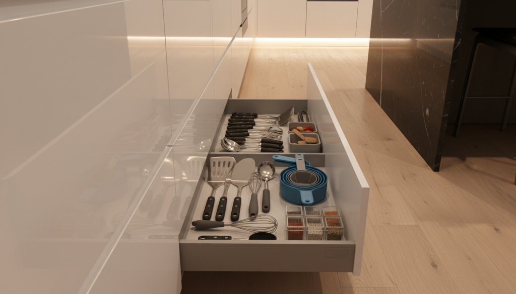 A well-organized toe kick drawer in a modern kitchen, filled with various kitchen tools and utensils like spatulas, measuring cups, and small containers. The foreground features an open drawer with items neatly arranged, showcasing efficient use of space. In the middle, the kitchen's sleek cabinetry and a polished floor can be seen, along with a hint of a stylish kitchen island. The background includes soft warm lighting coming from overhead fixtures, casting gentle shadows and highlighting the smooth surfaces of the cabinetry. The atmosphere is tidy and inviting, emphasizing functionality and elegance in kitchen design. The image has a slightly angled perspective to enhance depth, resembling a well-composed interior design photograph.